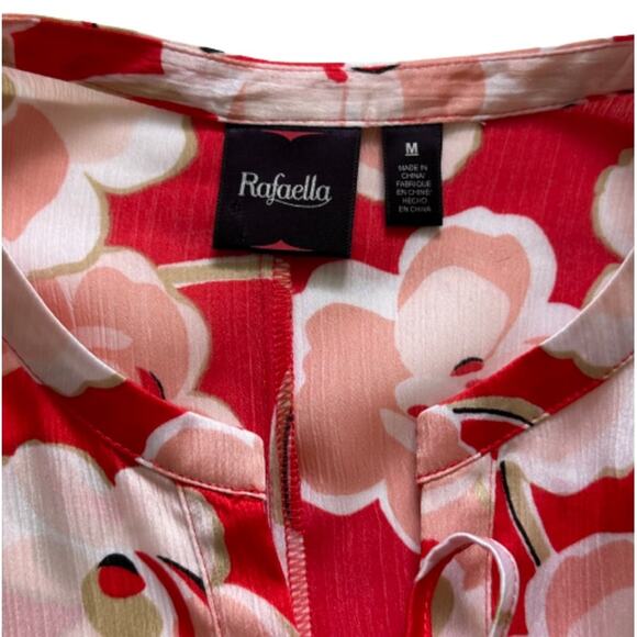 Rafaella Blouse Red Floral Tie Front Rolled Tab Sleeve Blouse Top Medium NEW - Picture 2 of 15